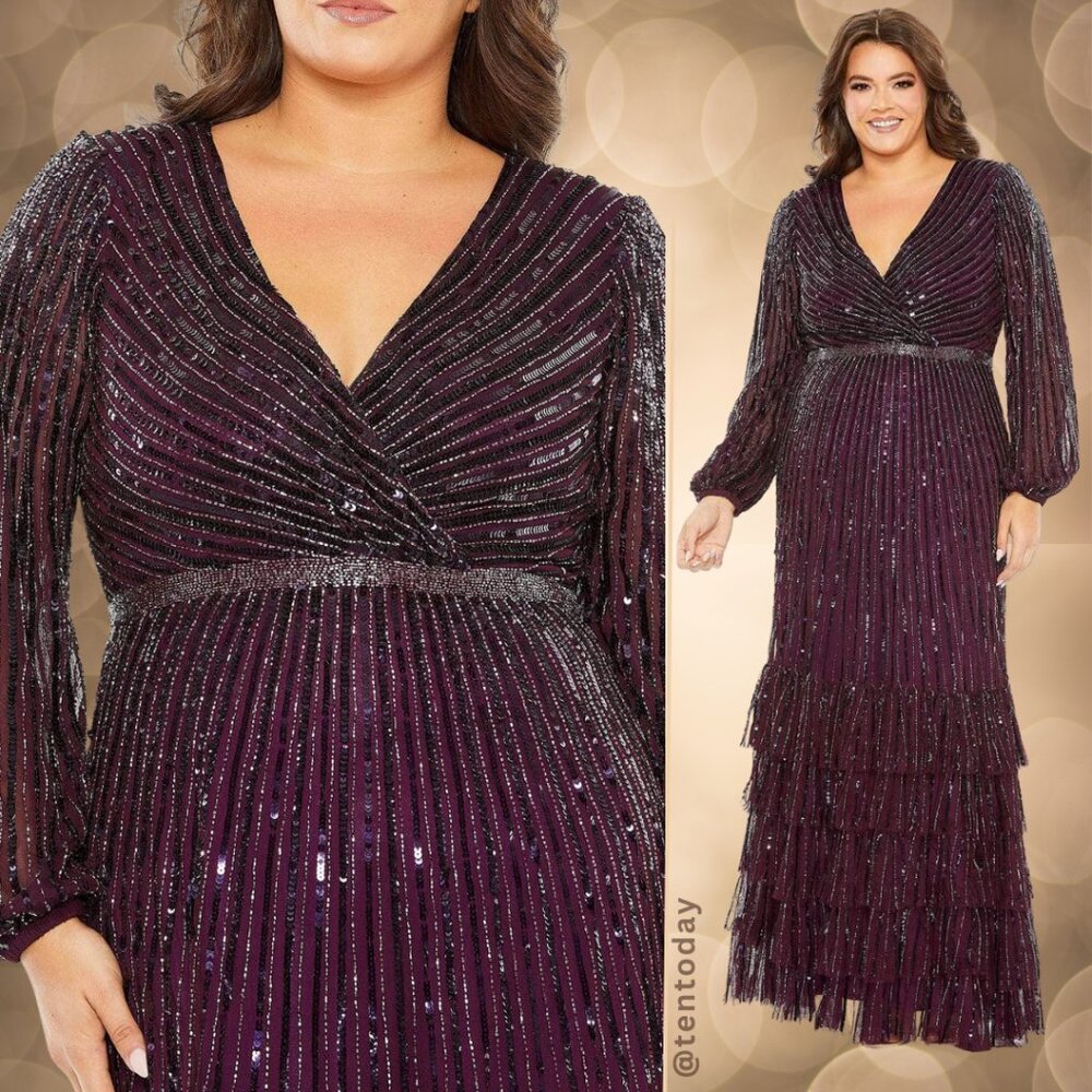 Mac Duggal Size 24W 24 Dark Purple Long Sleeve Sequin V-Neck Evening‎ Dress Gown